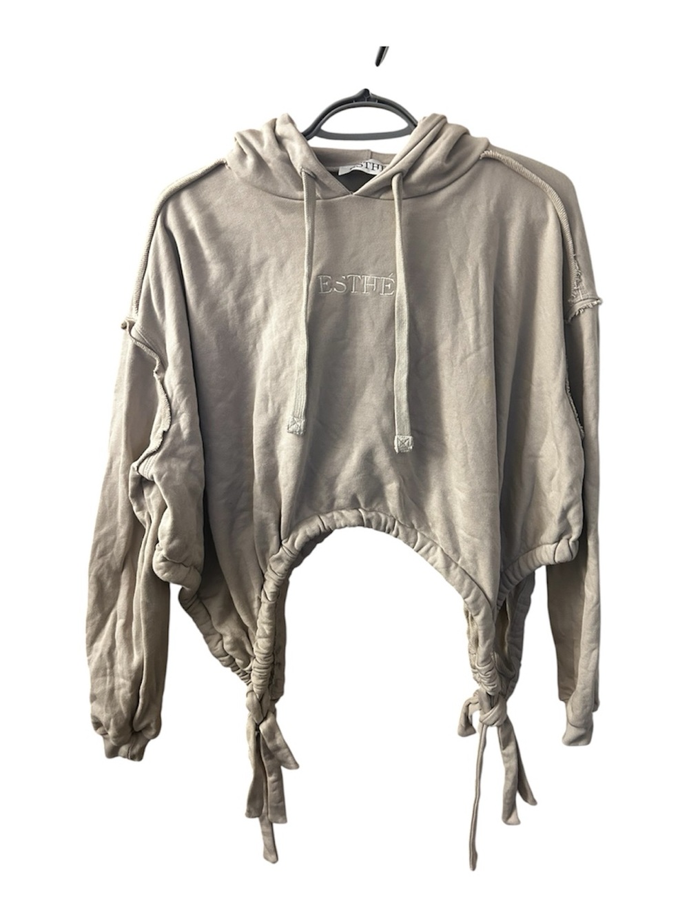 Ruched Drawstring Cropped Hoodie - Beige